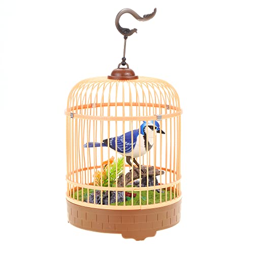 PowerTRC Singing & Chirping Bird in Cage, Realistic Sounds & Movements, Sound Activated, Battery Operated, Great Desk and Room Accessory, Pet Caged Bird Toy (10” x 7”) - color: #1 Blue & White