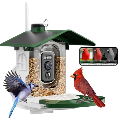 Smart Bird Feeder with Camera, Solar Powered Outdoor House, Green | 2K HD Video, AI Auto Capture Birdhouse, Dual Solar Power Design, Supports Micro SD Card up to 128GB (Not Incl.) - color: Medium Green