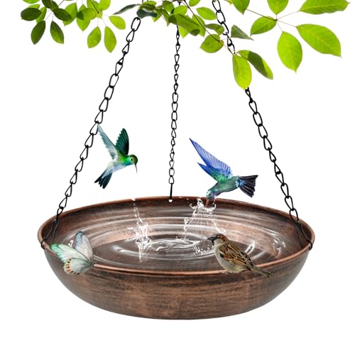 12" Metal Hanging Bird Bath with Chains and Hook | 2" Deep Bowl, 0.7Gal Capacity, 3 Chain Support, Easy Cleaning, Rust Resistant, Garden Decor - size: 12"