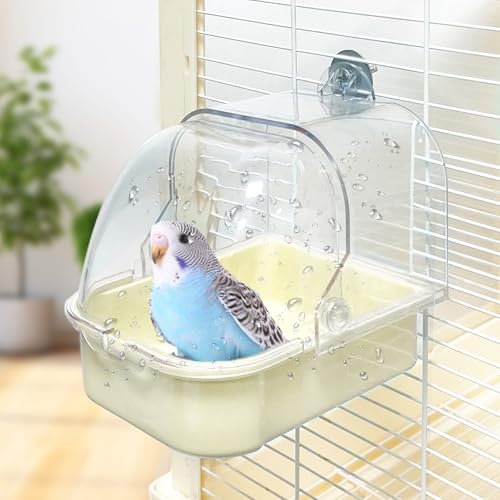 Bird Bath for Cage, Cleaning Pet Supplies Cockatiel Bird Bathtub with Hanging Hooks for Little Bird Parrots Spacious Parakeets Portable Shower for Most Birdcage (Beige) - color: white