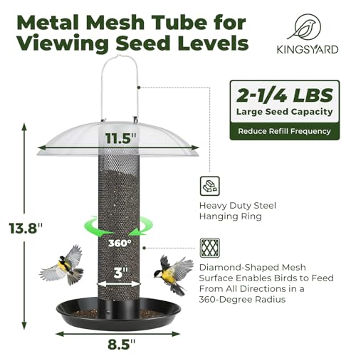 Kingsyard Finch Thistle & Nyjer Bird Feeder for Outdoors Hanging | 9.5" Rustproof Metal Removable Tray, 11.5" Weatherproof Dome, 2.5 lb Seed Capacity, Garden & Backyard Birding Gift, Black - color: Black
