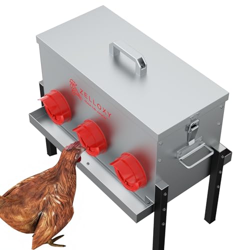 No-Waste Automatic Chicken Feeder, 30 lb Galvanized Metal Poultry Feeders with Adjustable Height, Locking Lid, Feeding Through, Feeder Box Stands for Chicks, Duck, (6 Ports)