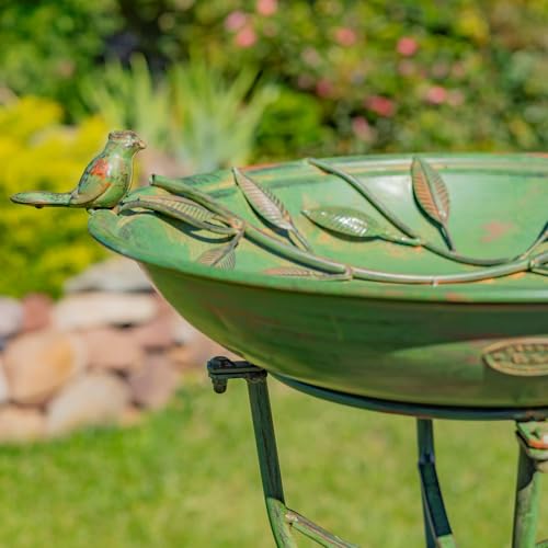 Zaer Ltd. Deep Well Made Metal Birdbath with 2 Cast Iron Birds and Leaf Decoration (Verdi Green) - color: Verdi Green