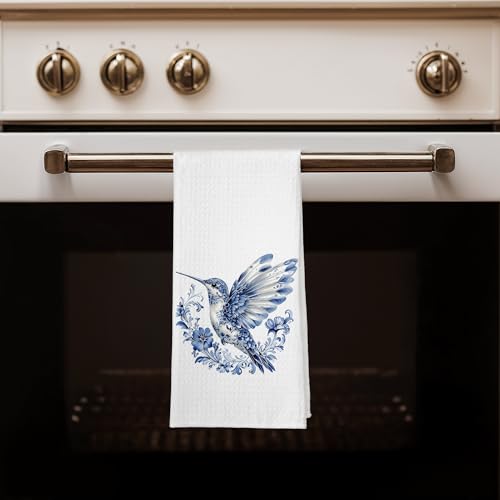 Blue and White Floral Hummingbird Kitchen Towels, Chinoiserie Spring Flower Bird Dish Tea Towels for Kitchen, Grandmillennial Birding Decorative Hand Towel for Bathroom, 16x24 Inches - color: Color 25