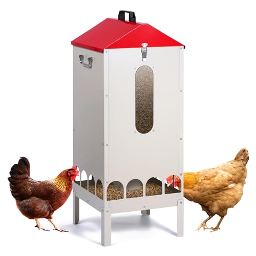 70-85lbs Automatic Chicken Feeder No Waste Gravity Poultry Feeder | Large Capacity Galvanized Chicken Food Dispenser with 16 Ports and Visible Feed-Level, for Duck, Goose,Turkey, Tapered Lid