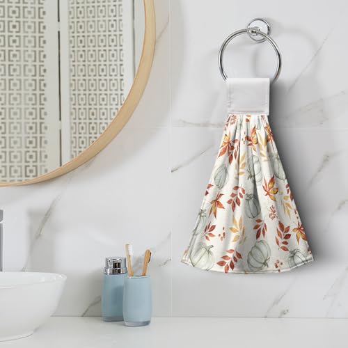 Fall Orange Leaves Pumpkin Kitchen Hanging Towels Autumn Thanksgiving Harvest Hand Towels with Hanging Loops Set of 2 Oven Stove Dish Hang Towel Soft Absorbent Bath Tie Towel - color: Fall Pumpkin Leaves Orange White