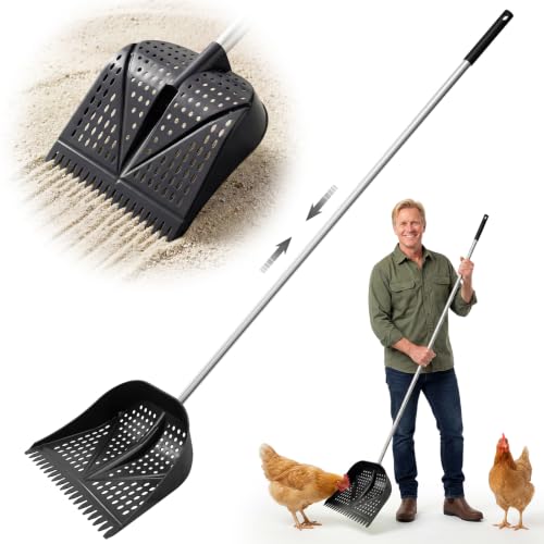 Thiswing Chicken Poop Scooper & Rake 2-in-1, Black | Adjustable Handle Length, Features Manure Sifting Capability, Ideal for Chicken Coops and Farm Animal Cleaning - color: Black
