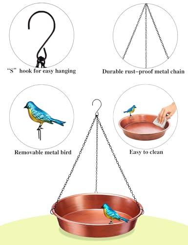 Hanging Bird Bath for Outside, 11.5” Antique Copper Metal Birdbath Bowl & Feeder with Black Chain for Outdoor Garden Yard Decor (0.7 Gallon) - color: Antique Copper Finish