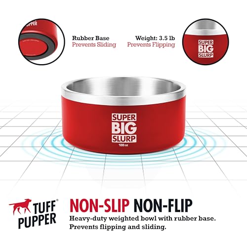 Tuff Pupper Heavy Duty Insulated Dog Bowl | Double Wall Stainless Steel Dog Food Dish | Non-Slip Spill Proof Dishwasher Safe Cat Bowl | Water Dish for Feeding Large Medium Small Pets (188oz, Red) - color: Crimson Red, size: 188oz