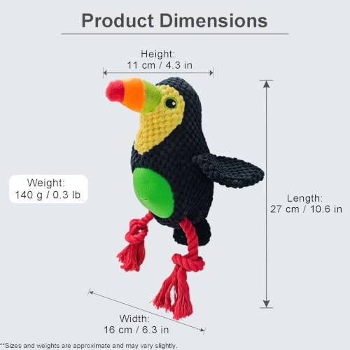 Black Toucan Bird Dog Chew Toy, 10.6 in, Squeaker Rope Treat Toy | Pineapple Fleece, PP Cotton Filled, Nylon Reinforced Rope, Crinkle Paper, Bite Resistant, Interactive Play, Small Medium Dogs - color: Black Toucan