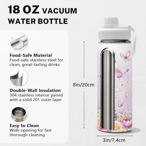 Butterfly 18oz Water Bottle, 2 Lids Handle, Insulated Travel Cup | 18oz Stainless Steel Sport Tumbler, Reusable Leak proof Anti Slip Boot Mug, Christmas Birthday Gift for Son Daughter - color: Butterfly