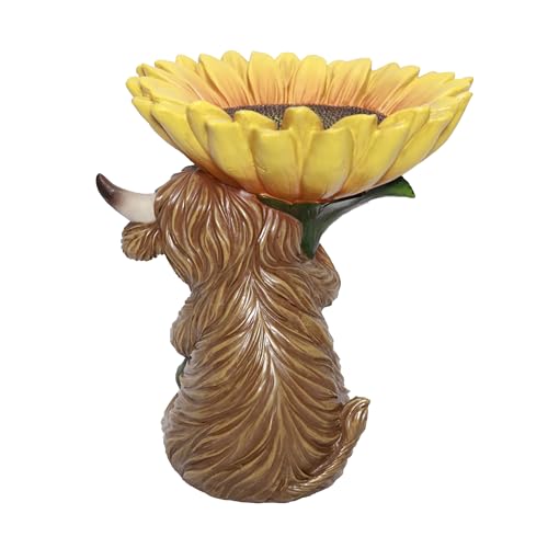 Alpine Corporation WJY114 Highland Cow Holding Sunflower Bird Feeder Statuary - 10" Indoor and Outdoor Garden Accent Decor for Yard, Patio, and Landscape Display - color: Yellow and Brown