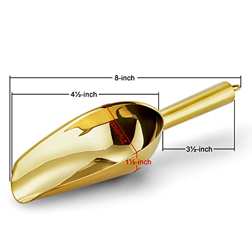 6 Ounce Ice Scoop Set of 2, E-far Gold Stainless Steel Small Scoops for Ice Cube/Candy/Flour/Sugar, Metal Utility Scoops for Canisters, Baking, Kitchen Pantry, Rust Free & Dishwasher Safe - color: Gold
