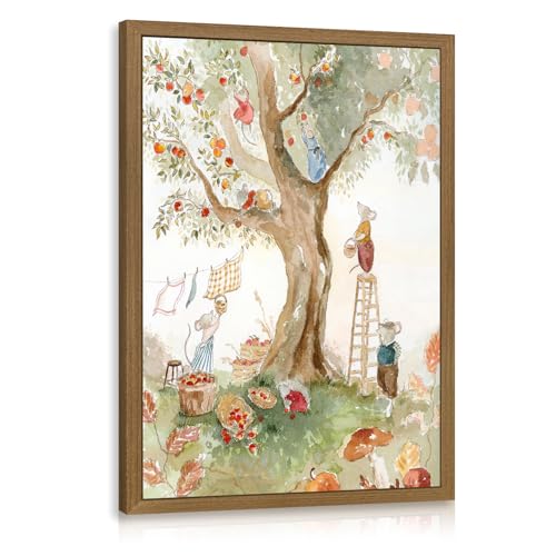 RLKHG Wood Framed Cottagecore Mouse Wall Art, Whimsical Autumn Harvest Nursery Decor, Woodland Mice Apple Orchard Poster Print, Vintage Watercolor Animal Artwork for Kids Room Bedroom 12x16 Inch - color: Apple, size: 16"L x 12"W