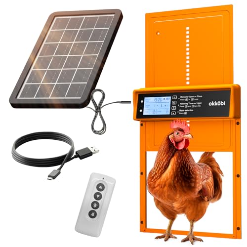 Okkobi Automatic Chicken Coop Door Solar Powered - LCD Display - Chicken Coop Door with Remote Control, Light Sensor & Timer - Anti-Pinch Function - 5-Year Protection - Autumn Ember - color: Autumn Ember