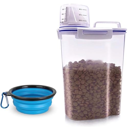TIOVERY Dog Food Storage Container Small, Cat Food Storage Container Airtight Plastic Dispenser with Graduated Measuring Cup, Pourable Spout and Portable Collapsible Dog Bowl for Pet Food, Birds Seed - color: White 3 Qt