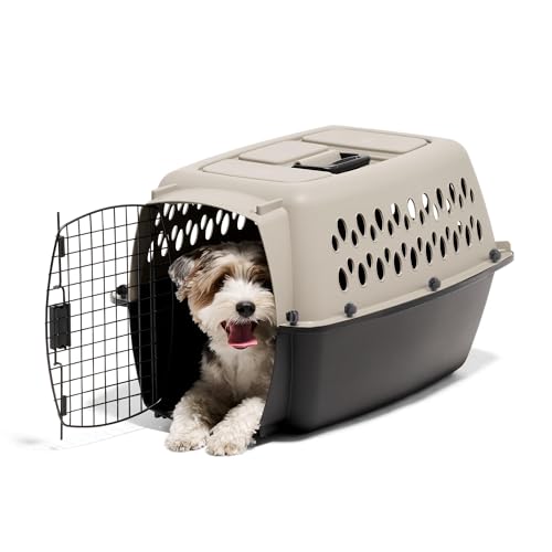 Petmate Vari Dog Kennel Portable Carriers & Crates for Smaller Dogs or Puppies and Pets 10 to 20 lbs, Airline-Friendly Plastic Pet Carrier Home and Travel, 24" Long, Taupe & Black, 24” x 16.7” x 14.5” | Airline friendly pet carrier, durable plastic shell,