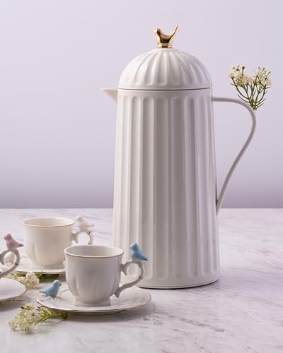 WOLFF 1 Liter White Bird Thermal Coffee Carafe, Plastic Exterior with Glass Lining Insulated Beverage Dispenser for Hot and Cold Drinks, Thermos Bottle for Tea, Water Pitcher - White, 34floz/1L - color: White