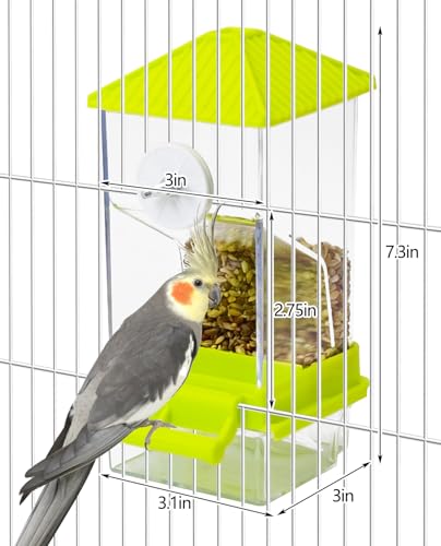BNOSDM No Mess Automatic Bird Feeder Anti-Splash Bird Feeder Acrylic Transparent Food Container Parrot Cage Accessories for Parakeets Budgies Lovebirds Cockatoos Conures Finches (Green)