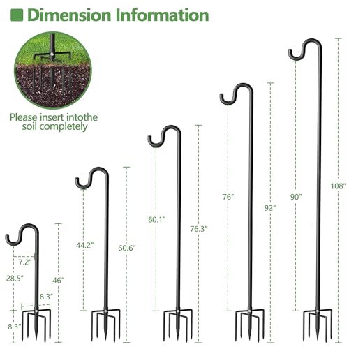 108" Shepherds Hooks for Outdoor, Extra Thick Bird Feeder Pole with 5 Prong Base, Adjustable Shepards Hook for Garden, Weddings, Hanging Plant - size: 108 Inch