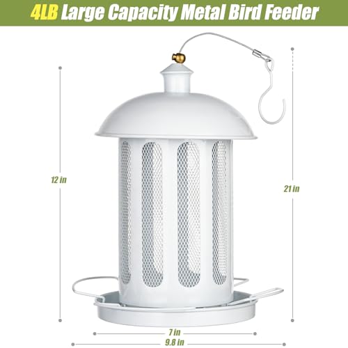 Bird Feeder, 4LB Large Capacity Bird Feeders for Outdoor Hanging | Heavy Duty Metal, 4 Perches, With Drain Holes, Wild Birdfeeder, For Outside Garden Yard Decor, Retro Lantern Shape - color: White
