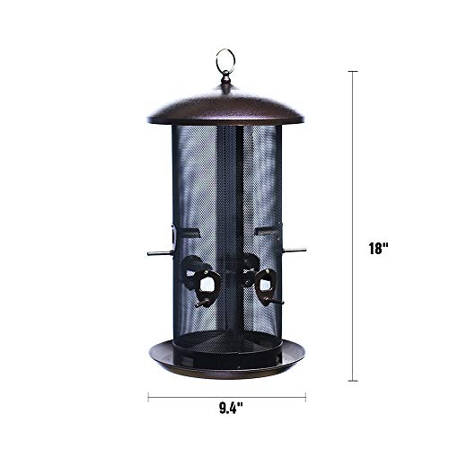 Nature's Rhythm Metal Hopper Bird Feeder Two Chambers，Heavy Duty Mesh Metal Dual Seed Compartments Outdoor Hanging Wild Bird Feeder with 10 Feeding Ports,10lbs Seed Capacity