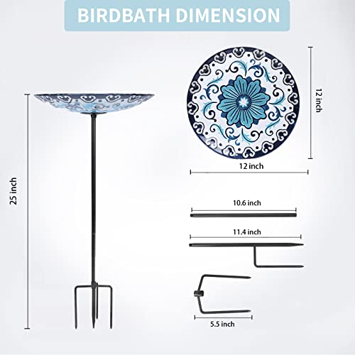 Glass Bird Bath, Garden Outdoor Birdfeeder with Metal Stake, Blue | Birdbaths with metal stand to attract cardinals and blue jays wild birds and beautify outdoor flower gardens decor - color: Blue