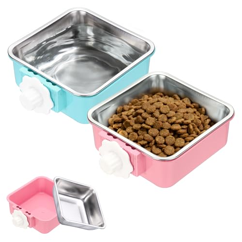 Crate Dog Bowl, Removable Stainless Steel Pet Cage Hanging Anti-Overturn Food Water Feeder Cage Cup (2Pcs, Square, Pink/Light Blue, 17.7oz), Intended for Puppies/Cat/Rabbit/Bird - color: Pink/Light Blue, size: 5.7"(17.7oz)