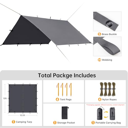 FREE SOLDIER Waterproof Camping Tarp Shelter Awning | Lightweight, Compact, Quick Setup, Waterproof Sun Shelter Campingtarp,For Backpacking, Beach, Travel and Outdoor Activities - color: Gray 10×10.5ft