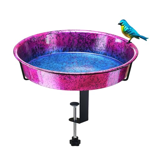 Metal Deck Bird Bath for Balcony Railing, Metallic Purple & Blue 11.5” Bathing Bowl & Feeder with Adjustable Steel Clamp Outdoor Garden Decor Yard Art (0.7 Gallon) - color: Metallic Purple/Blue