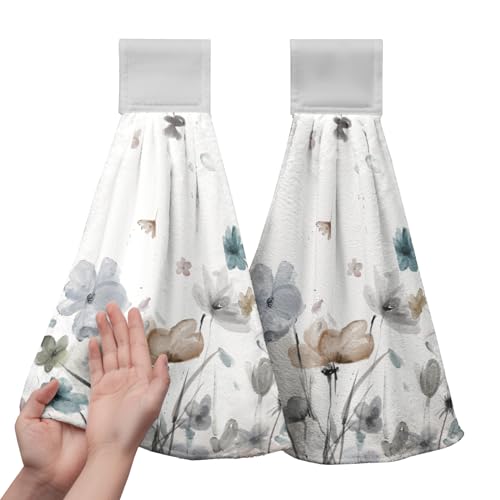 Watercolor Floral Hanging Kitchen Towels Set of 2 Spring Summer Grey Flowers Hand Towel with Hanging Loop Wildflower Daisy Dish Towel Soft Absorbent Bath Tie Towel for Bathroom Farmhouse - color: Flower-a
