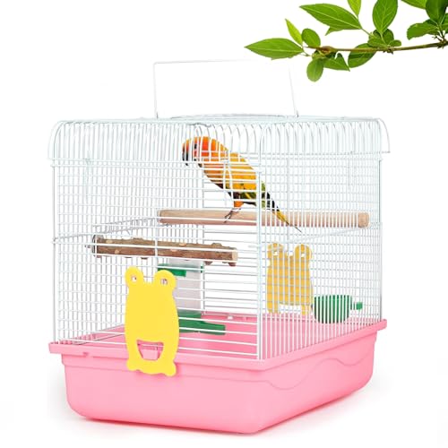 Small Bird Cage for Travel, Parrot Carrier with Handle 9.5"L x 12"W x 12"H | Sturdy, Easy to Clean & Install, Birdcages with Trays, Standing Perch, Feeder Cups for Smaller Birds Lovebird Parakeets, Pink - color: Pink