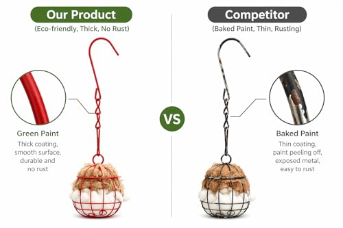 Bird Nesting Material with Wool, 2 Pack Refillable Hummingbird Nesting Material Cage Holder with Natural Cotton for Hummingbird Nest, Gift for Bird Lover, Nesting Balls Birds for Outdoor (Red Cage)