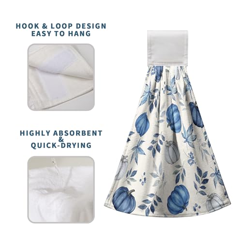 Fall Blue Pumpkin Kitchen Towels with Hanging Loop Autumn Thanksgiving Hanging Hand Towels Seasonal Eucalyptus Maple Leaf Dish Tie Towel Soft Absorbent Fingertip Bath Towel Set of 2 - color: Fall Pumpkin Leaves Blue