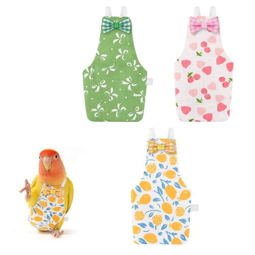Bird Diaper Flight Suit, 3-Packs Lightweight Reusable Washable Elastic-Straps Parrot Clothes for Peony/Monk Parakeet, Prevents Poop Leaks & Feather Pecking (Bow+Lemon+Cherry, M) - color: Bow+Lemon+Cherry, size: M