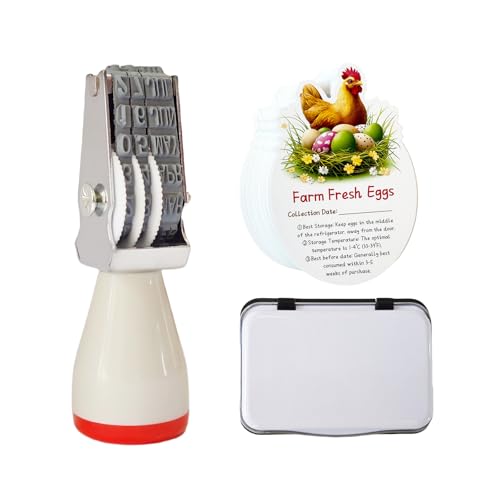 Egg Dater Kit, 1 Date Stamp（Month&Day）, 1 Black Fade-Resistant Ink, 50 Farm Fresh Eggs Instructions, for Chicken Duck Turkey Goose Eggs - color: White/Red