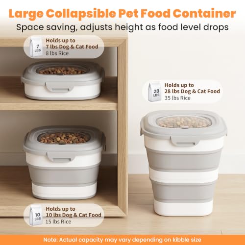 28 Lbs Dog Food Storage Container, Collapsible Cat Food Container | Airtight Pet Food Storage Containers with Wheels, Clear Window, Measuring Cup and Scoop, BPA Free for Rice, Flour, Bird Seed - color: Grey/28lbs