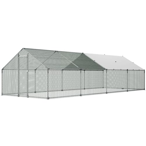 VEVOR Large Metal Chicken Coop with Run, 9.8x26.5x6.5 ft Walk-in Chicken Runs for Yard with Cover, Spire Roof Hen House with Security Lock for Outdoor and Backyard, Farm, Duck Rabbit Cage Poultry Pen - size: 314.9"L x 118.1"W x 78.7"H