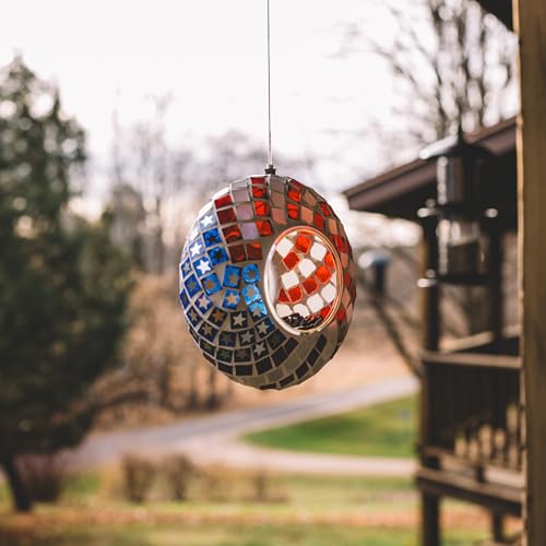 Backyard Expressions Hanging Glass Bird Feeder - Patriotic - Fly Through Bird Feeders for Outside, Mosaic Bird Feeder, Round Shape Wild Birdfeeder - color: Red, White & Blue