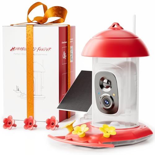 Solar Hummingbird Feeder with Camera for Outdoors, 2K Smart AI Video | 2K live video smart bird camera, AI species identification, Ant guard base & moat, Bee proof, 3 feeding ports, Ideal gift