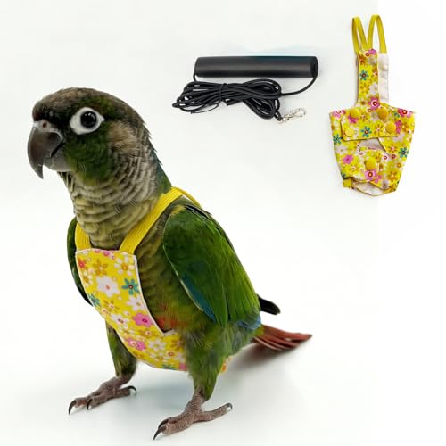 Bird Flight Harness Vest, Snap-Fastener Design Harness Vast, Bird Flying Clothes with Rope and Handle for Parakeets Cockatiels Conures Budgies（Yellow Flower - Vest + Traction S - color: Yellow flower, size: S