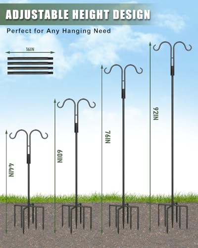 92 Inch Double Shepherds Hook for Outdoor, Heavy Duty with 5 Prong Base | Shepherd hook for bird feeders, Flower baskets, Lanterns, Nesting stations, Garden decor, Sturdy pole, Weather-resistant - size: 92IN 1PACK