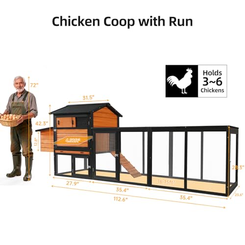113inch Chicken Coop, Large Wooden Chicken Coop with Nesting Boxes & Run Cage for 3-6 Chickens, Outdoor Hen House Poultry Hutch Rabbit Cage with No-Slip Ramp & Pull-Out Tray for Backyard Farm - color: brown