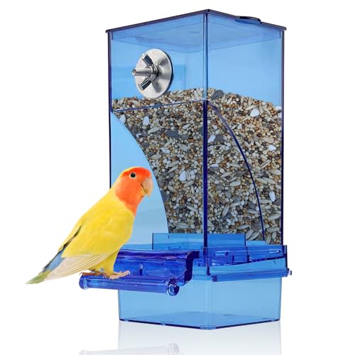 kathson No-Mess Bird Cage Feeder Automatic Parrot Feeders Seeds Container Acrylic Finch Foraging Feeders Parakeet Food Dispenser Cage Accessories for Small Birds Canary Budgie Lovebirds - color: Blue