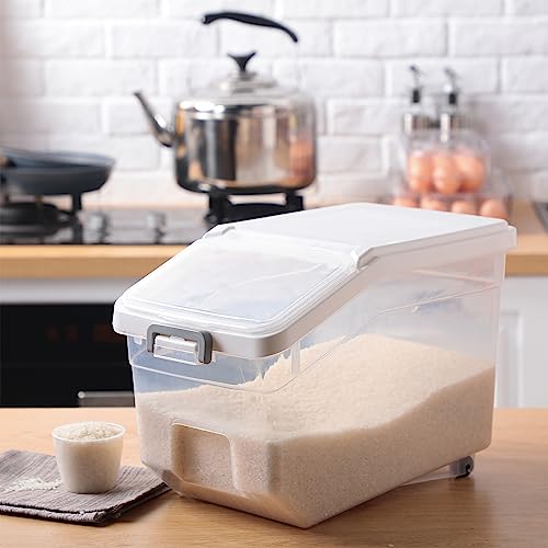 4 Pcs Rice Storage Container 22 lb Airtight Flour Container with Wheels Measuring Cup Clear Pet Food Cube Dog Cat Birds Food Bin Grain Cereal Organizer Box for Dry Baking Supplies(White Lid) - color: White Lid, size: 22 lb