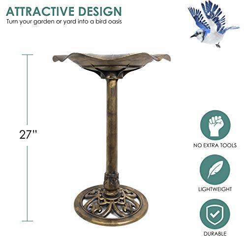 Pedestal Bird Bath Antique Fountain for Outdoor & Garden Decoration | 27 Inch Height | Steel Lily Pad Style