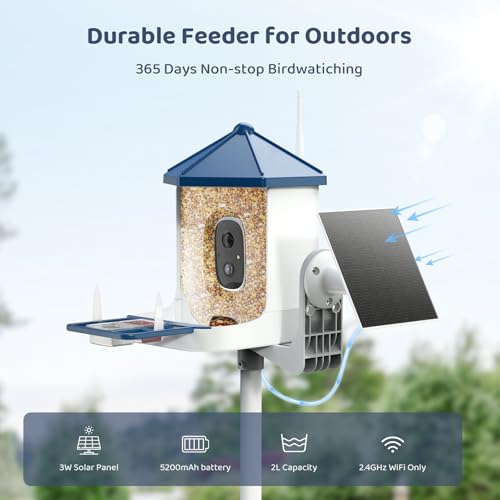 LIWAN Bird Feeder with Camera Solar Powered, 1 Year Trial AI Identify, 2K Live Video, Smart Bird Feeder Camera Wireless Outdoors, 2.4GHZ WiFi, Instant Arrival Alerts, Ideal Gift for BirdLovers