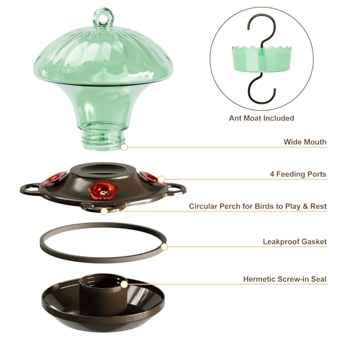 Auslar Glass Hummingbird Feeders for Outdoors Hanging, Green, 15 Oz | Hummingbird Feeder with Ant Moat & 4 Anti-Bee Feeding Ports, Ant and Bee Proof, Leakproof, Easy Clean and Fill, Garden Decor - color: Green