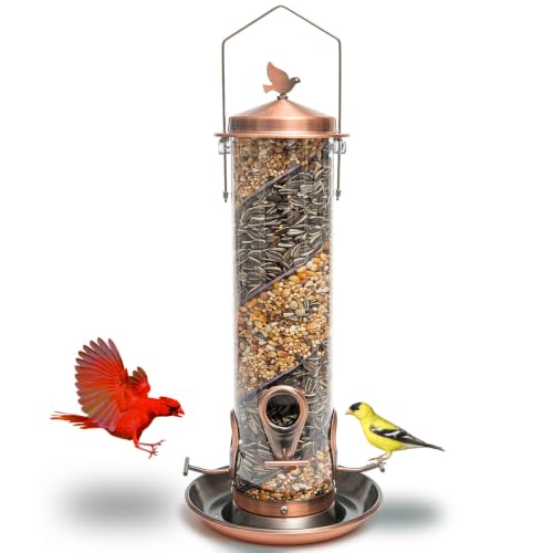 2 in 1 Spiral Bird Feeder, Hanging Bird Feeders for Outdoors, Copper Tube | finch feeders for outside, cardinal and blue jay magnet, copper metal tube bird feeder, two seed chambers, rain proof top