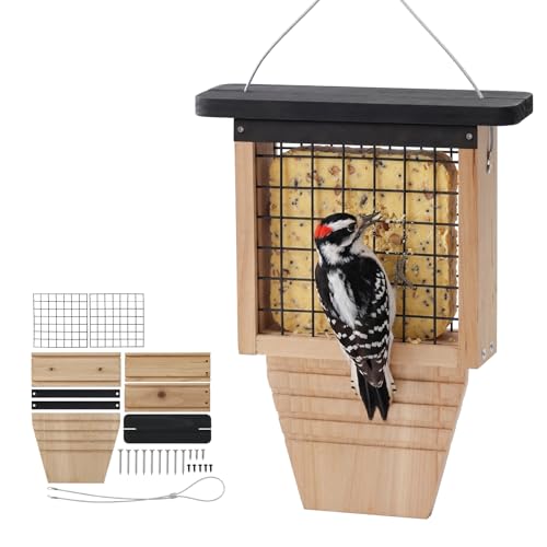 DIY Suet Bird Feeder for Outdoors, Hanging Woodpecker Feeder with Tail-Prop Design, Wooden Wild Bird Feeder for Suet Cakes, Great for Woodpeckers, Chickadees & Nuthatches (Assembly Required)